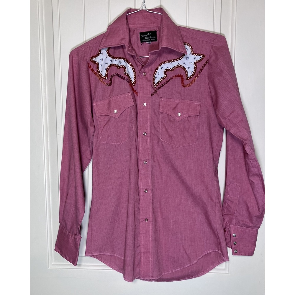 Vintage 70s Champion Westerns Pink Red Snap Shirt Embroidered Yoke Rodeo Small